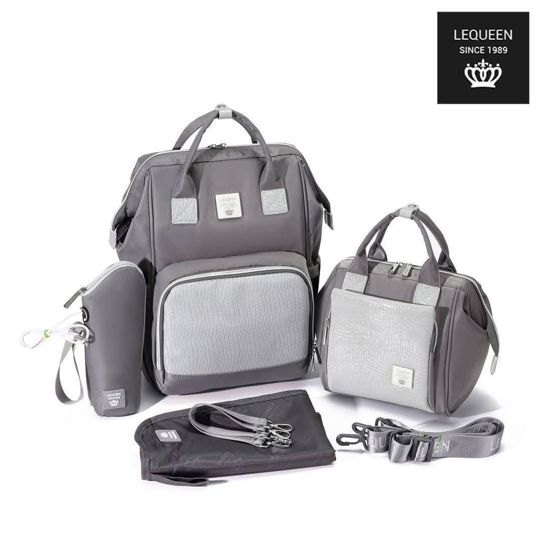 Lequeen Diamond 7TH Edition Waterproof Original mommy bag - الجيل السابع الدايموند من ليكوين جلد طبيعي رصاصي