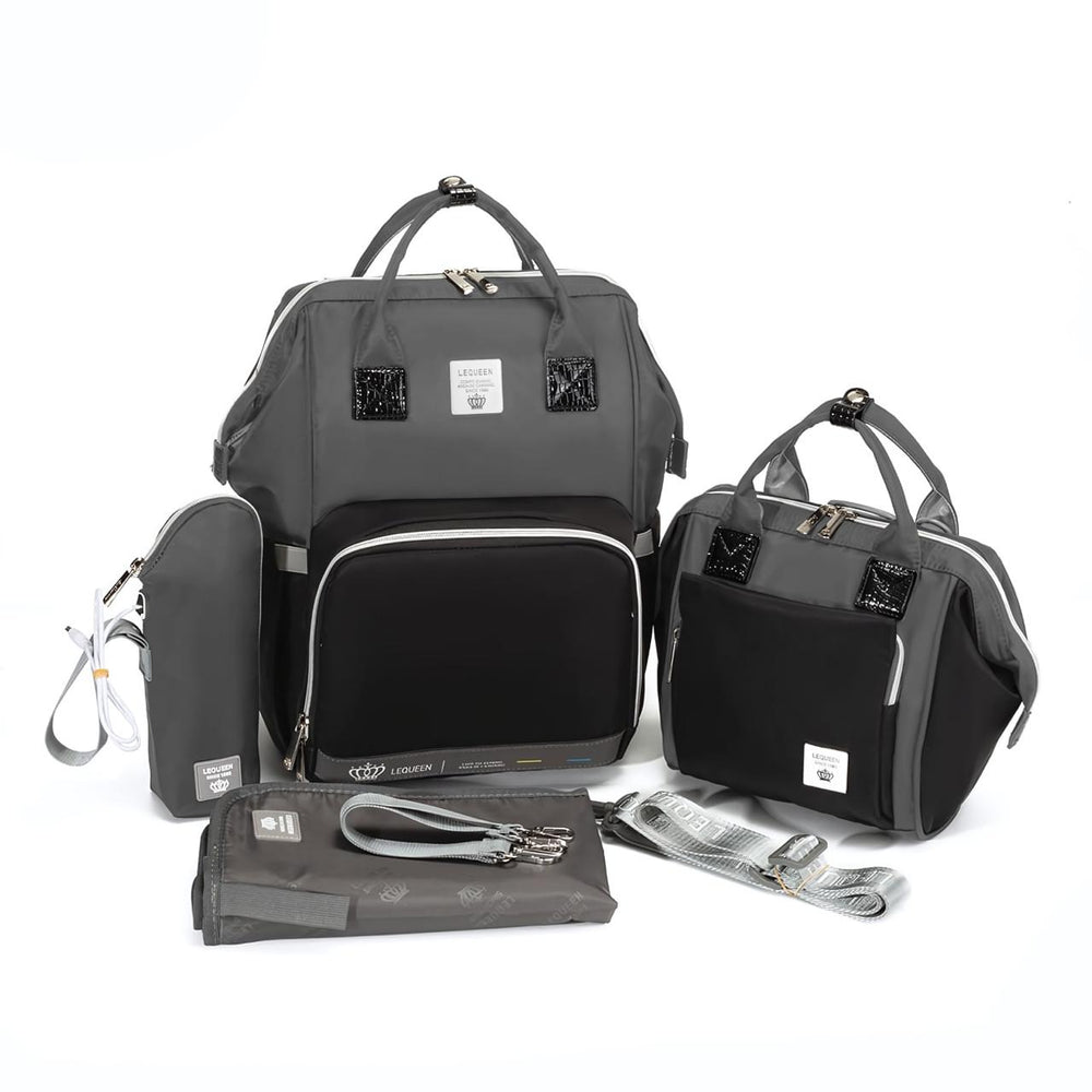 Lequeen Diamond 7TH Edition Soft Waterproof Original mommy bag Set E Black Grey - الجيل السابع الدايموند من ليكوين