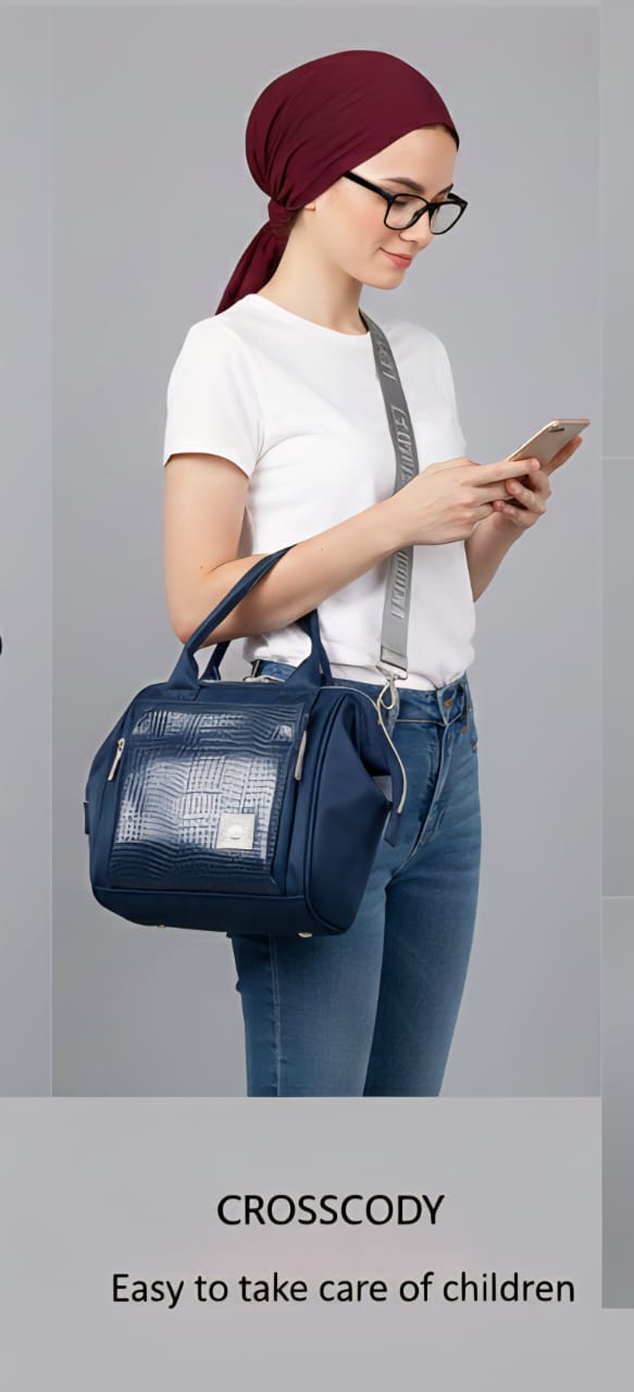 Lequeen Mini Diamond 7TH Edition Soft Waterproof Original mommy bag - Mini Croco Blue ليكوين كروس ميني باج أعلى فئة